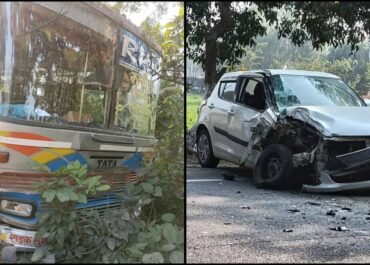 ओवरलोड बस और तेज़ रफ्तार कार की भिड़ंत, बड़ा हादसा टला।