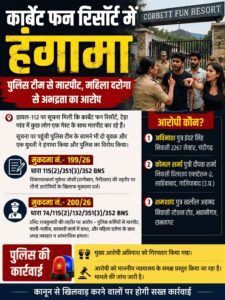 कार्बेट फन रिजॉर्ट में हंगामा, पुलिस से अभद्रता और सरकारी कार्य में बाधा डालने पर मुकदमा दर्ज।