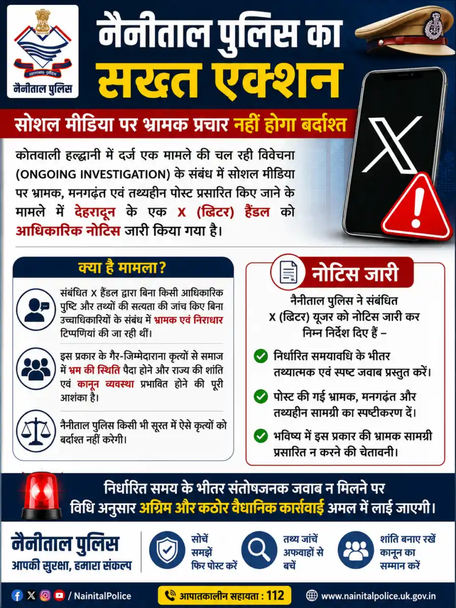चलती विवेचना पर भ्रामक दुष्प्रचार पड़ा भारी, नैनीताल पुलिस ने जारी किया कड़ा नोटिस, तथ्यहीन और भ्रामक पोस्ट पर नैनीताल पुलिस की सख्ती, देहरादून के X हैंडल से मांगा जवाब।