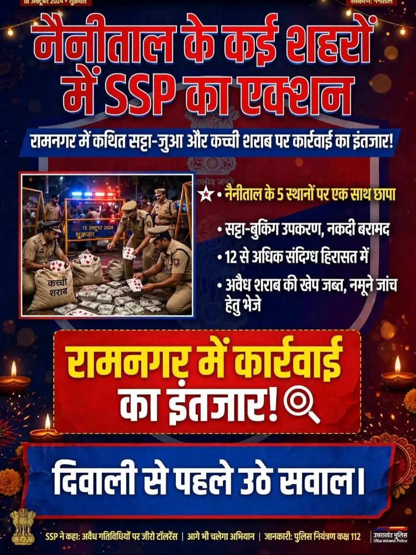 नैनीताल के कई शहरों में SSP का एक्शन, रामनगर में कथित सट्टा-जुआ और कच्ची शराब पर कार्रवाई का इंतजार! दिवाली से पहले उठे सवाल।